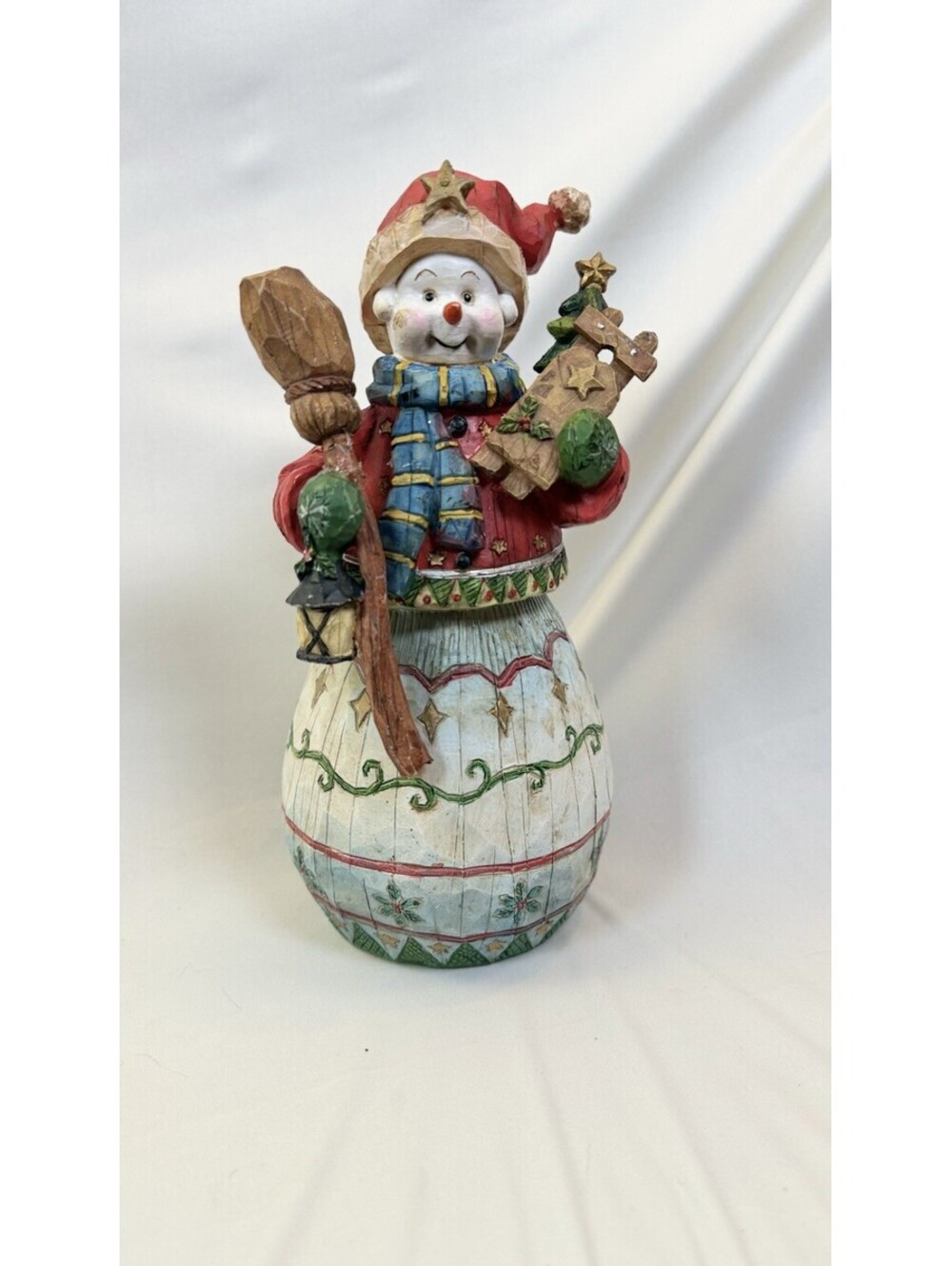 Jolly Snowman Figurine Holding Sled, Tree, Lantern and Broom Resin Christmas